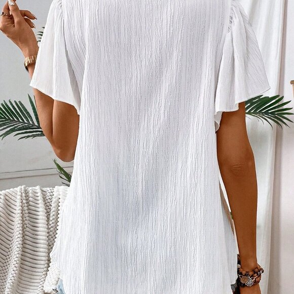 White Boho Women's Crochet Patchwork Square Neck Flutter Sleeve Vacation Shirt - Picture 2 of 6